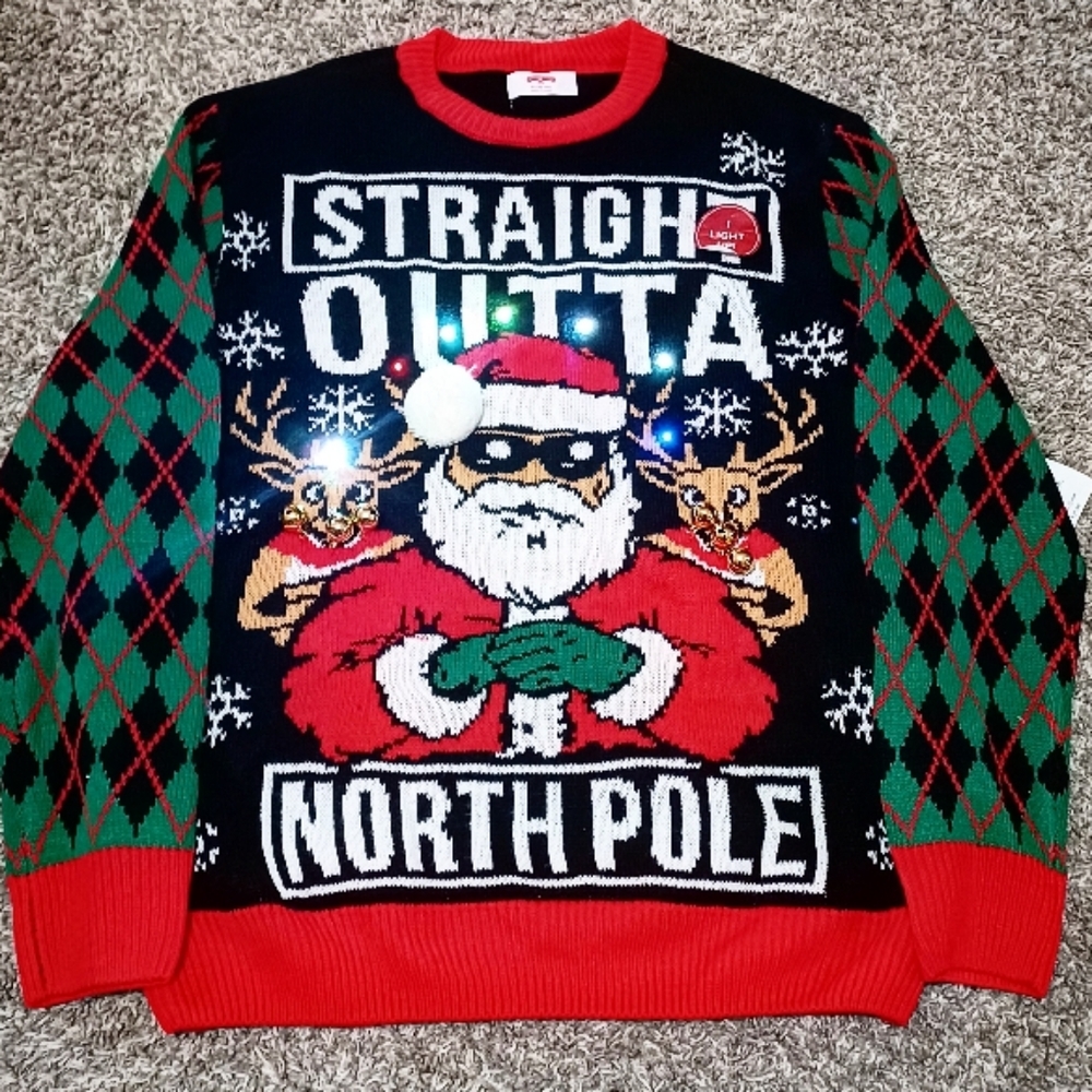 Holiday Time Ugly Christmas Sweater, Men XL Straight Outta North Pole Lights